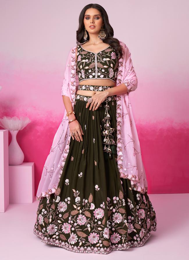 Organza Olive Wedding Wear Sequins Work Lehenga Choli